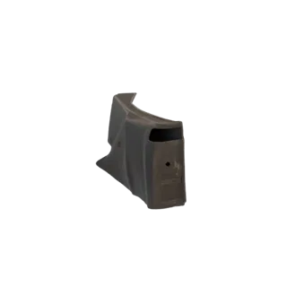 Um modelo 3D de uma placa base curva para carregador cinza escuro, visto de lado, mostrando seu design angular e ergonômico.