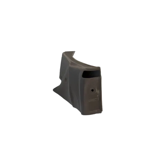 A 3D model of a dark gray curved magazine base plate, viewed from the side, showing its angular and ergonomic design.