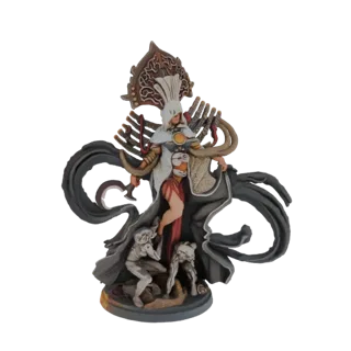 3D model of a dark goddess figure with skeletal companions and a beast, featuring an ornate headdress and flowing robes.