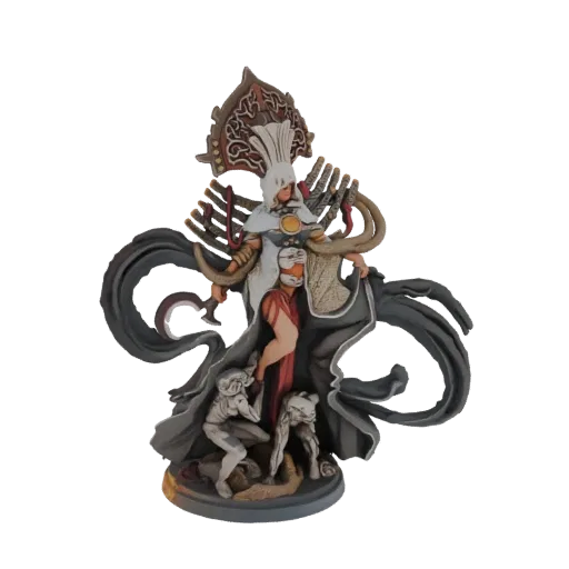 Modelo 3D de uma figura de deusa sombria com companheiros esqueléticos e uma fera, apresentando uma tiara ornamentada e túnic