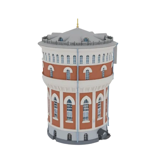 3D model of an ornate circular water tower with red brick lower section, white trim, arched windows, and a conical roof with