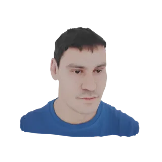 Modello 3D di un giovane uomo con capelli scuri, che guarda in basso, con maglietta blu.