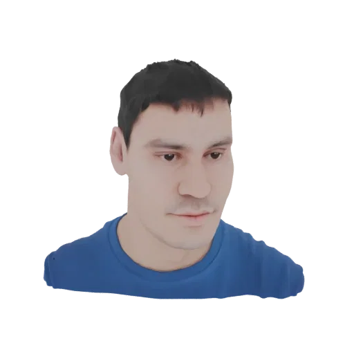 3D model of a young man with dark hair, looking down, wearing a blue t-shirt.