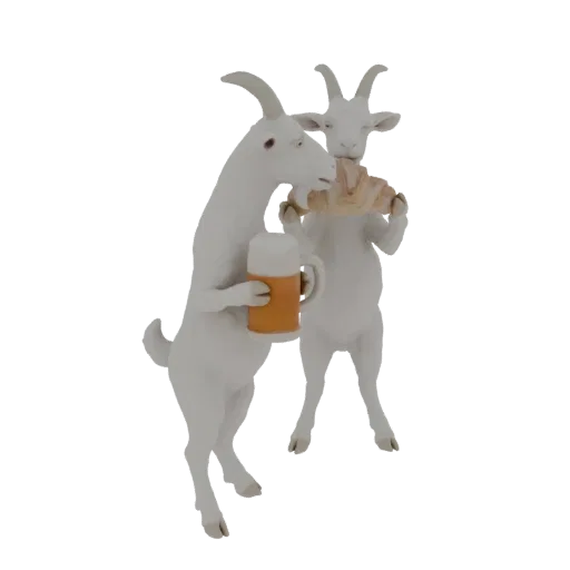A 3D render of two white goats, one holding a beer mug and the other eating a croissant, against a black background.