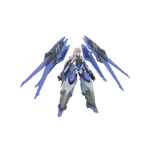 3D model of a futuristic mecha girl with blonde hair, blue and white armor, and large blue wings spread wide.