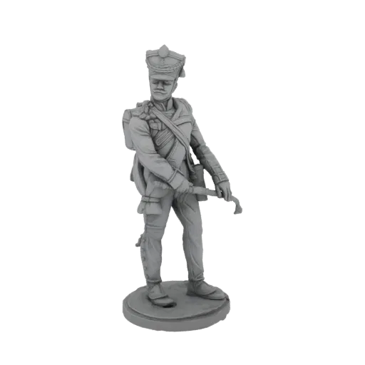 3D model render of a 19th-century Hussar soldier in uniform, holding a sabre, standing on a circular base.
