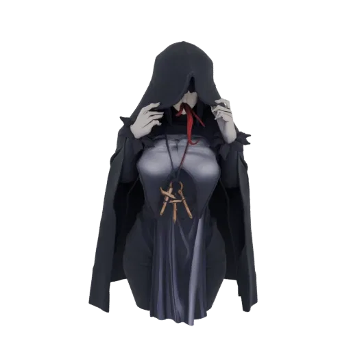3D model of a mysterious figure wearing a dark hooded cloak and an ornate pendant, with hands near the hood.