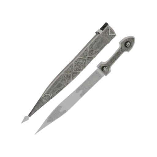 3D model of an ornate dagger with a decorative silver-like blade and an intricately patterned scabbard, set against a black b