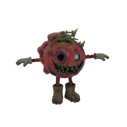 Uma renderização 3D de um personagem monstro tomate assustador com dentes afiados, videiras espinhosas e botas esfarrapadas,