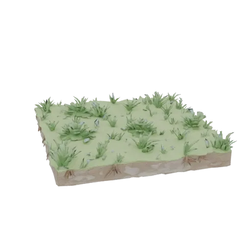 A 3D render of a stylized grass tile, showing green grass blades, soil layers, and visible roots, presented on a white backgr