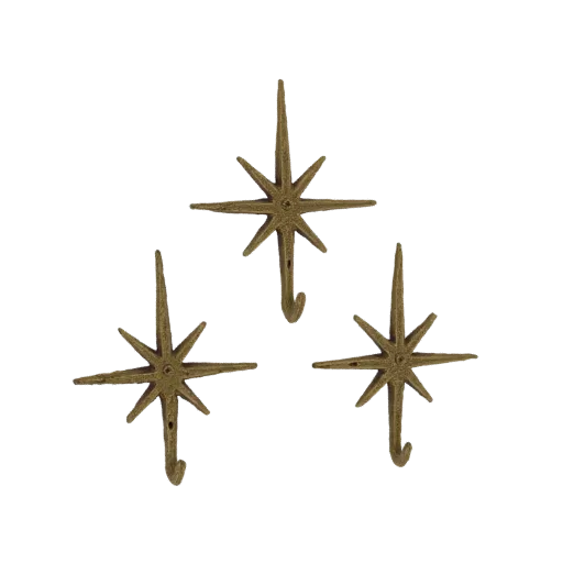 A set of three antique-style starburst wall hooks, rendered in a metallic antique brass finish against a black background.