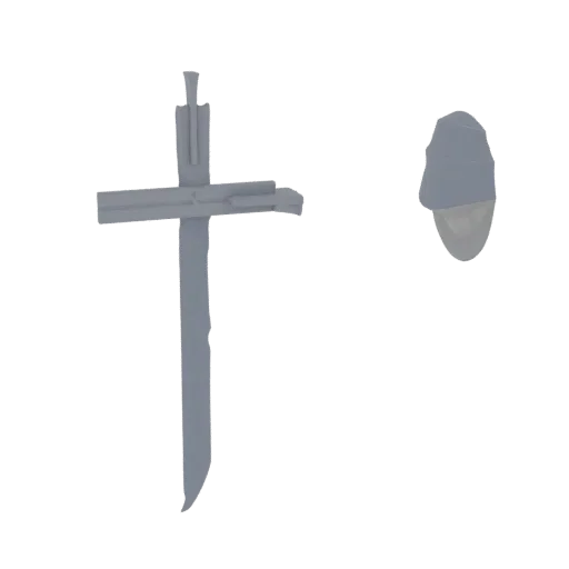 3D model of a stylized gray crucifix with a crown of thorns and a separate gray stone, set against a white background.