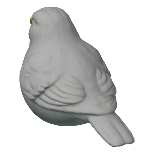 A 3D render of a minimalist white bird figurine with a shiny gold beak, sitting on a textured gray surface.