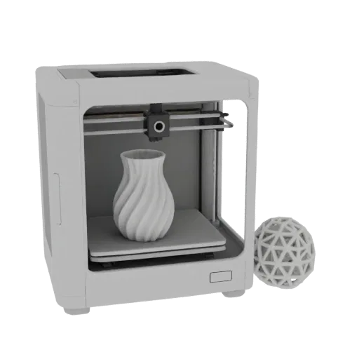 A 3D render of a white 3D printer with a swirling vase being printed inside, next to a geometric sphere.