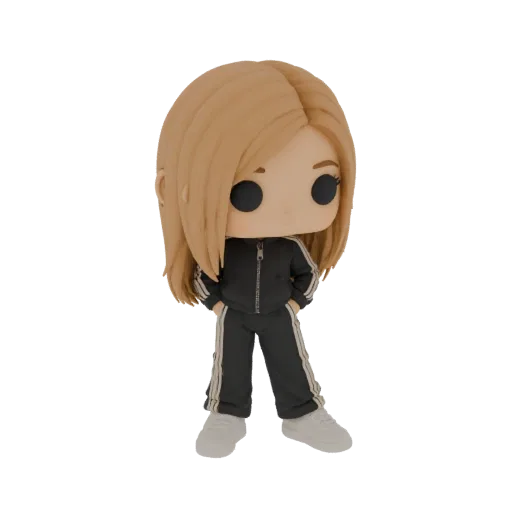 Modelo 3D de niña chibi con cabello rubio, chándal negro y zapatillas blancas, manos en bolsillos.
