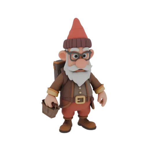 3D model of Old Man Hottabych in claymation style, with backpack and bag, wearing a red hat and glasses