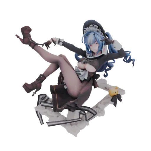 3D model of a gothic maid anime character with blue hair and red eyes, in a dynamic pose on a fragmented base, with a small y