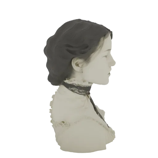Modello 3D busto donna vittoriana, vista di profilo, con capelli scuri e abito arricciato.
