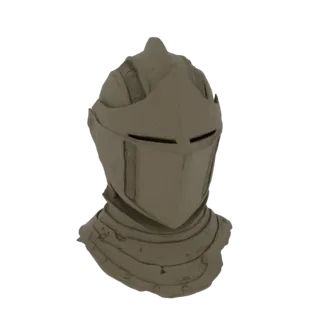 3D model render of a medieval knight's great helm, showcasing its metallic texture and detailed plate armor.