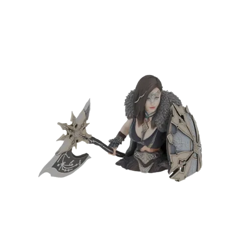 3D model of a fantasy warrior bust with a large axe in one hand and a shield on the other, detailed armor and fur collar.