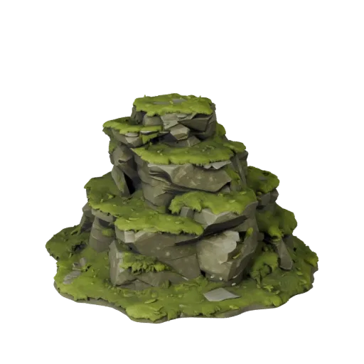 Mossy Stone Outcrop Low Poly 3D model, game viewport three-quarter view, showing stratified stone, rock faces.