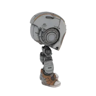 Modelo 3D de torso y pierna de robot sci-fi, acabado gris desgastado con acentos naranjas y pie tipo zapatilla.