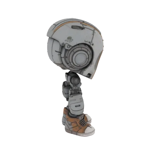 Modelo 3D de torso y pierna de robot sci-fi, acabado gris desgastado con acentos naranjas y pie tipo zapatilla.