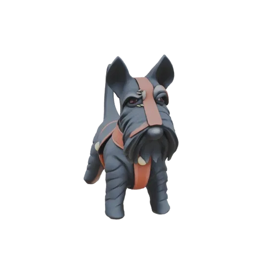 3D model of a dark grey Scottish Terrier dog wearing a reddish-brown harness, standing alert.