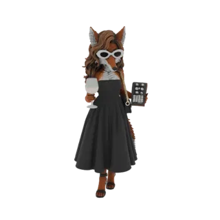 Modelo 3D de una elegante mujer zorro con vestido negro, gafas de sol blancas, sosteniendo una copa de vino y un mando.