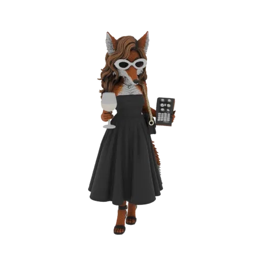 Modèle 3D d'une femme renard stylée portant une robe noire, des lunettes blanches, tenant un verre à vin et une télécommande.
