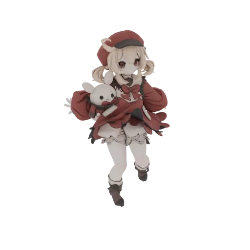 3D model of a chibi girl with blonde pigtails, red hat, and red dress, holding a white bunny plush toy.