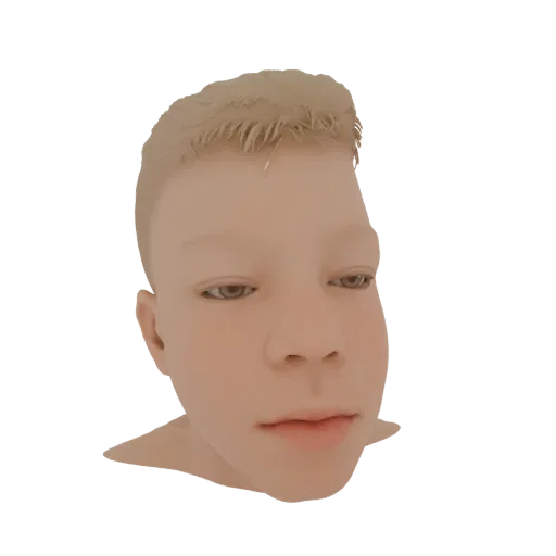 3D model render of a stylized young boy's head with blonde hair and a neutral expression, set against a white background.
