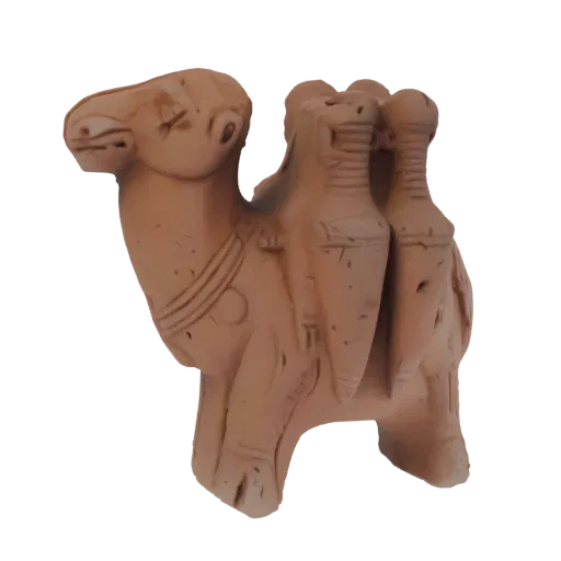 3D model of a terracotta camel with a saddle and saddlebags, rendered against a white background.