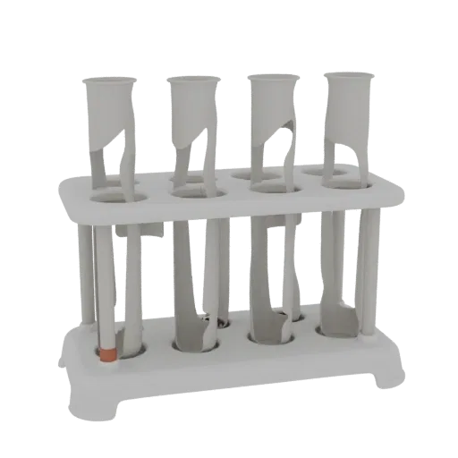 Biology Test Tube Rack 3D model, side profile view, technical viewport render, showing glass, recognizable lab forms.