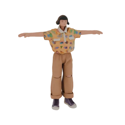 3D model of a stylized character with short dark hair, wearing a yellow shirt with an eye pattern and tan pants, in a T-pose.