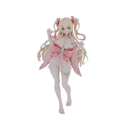 3D model of a cute anime-style girl with blonde twin-tails, wearing a pink kimono with a large bow, posing playfully.