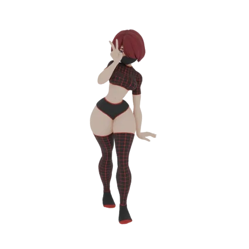 Modèle 3D d'une fille anime aux cheveux roux, portant un crop top et un short à carreaux noirs et rouges, avec des bas hauts