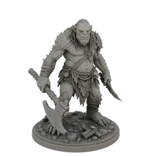 Modèle 3D d'un guerrier Orc de couleur grise debout sur une base rocheuse, tenant une grande hache et un poignard.