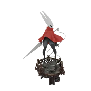 3D model of Hornet from Hollow Knight, a white-masked character in a red cloak, holding a needle and thread, standing on an o