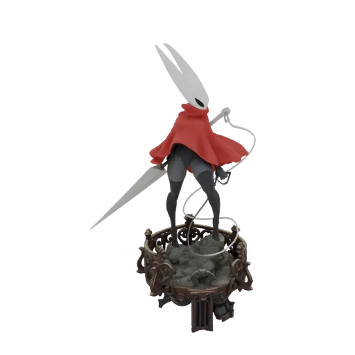 3D model of Hornet from Hollow Knight, a white-masked character in a red cloak, holding a needle and thread, standing on an o