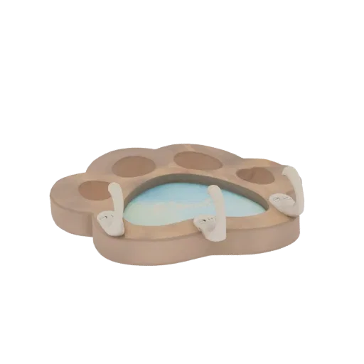 Modelo 3D de uma bandeja marrom clara em forma de pata com quatro ganchos brancos estendendo-se das bordas, com um gradiente