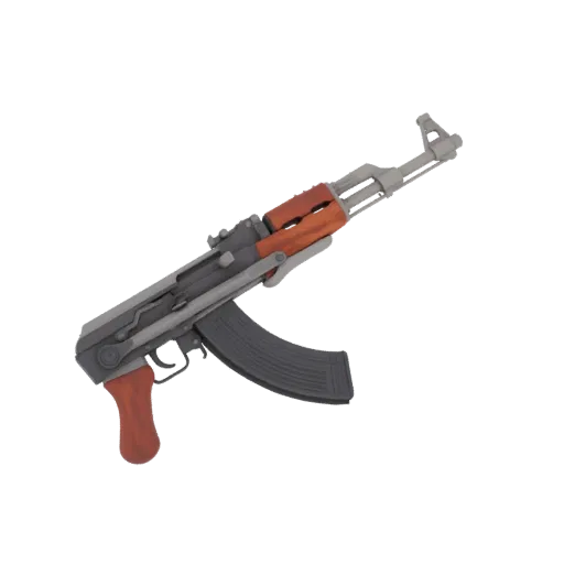3D model of an AK-47 assault rifle with a dark wood stock and handguard, set against a black background.