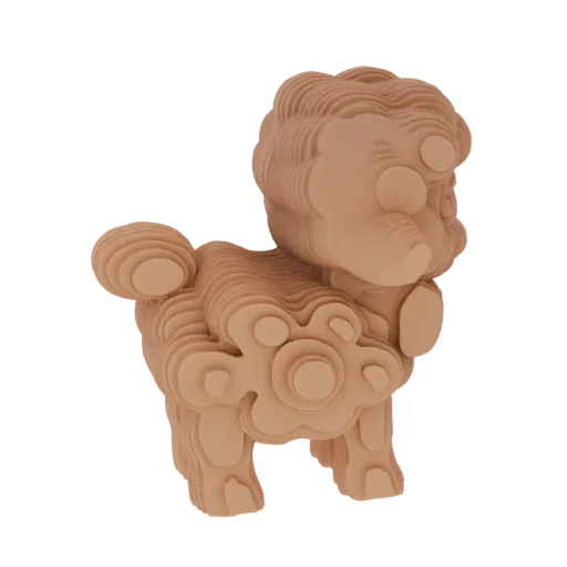 A 3D model of a poodle with a distinctive layered, contour-like texture, rendered in a light brown color against a black back