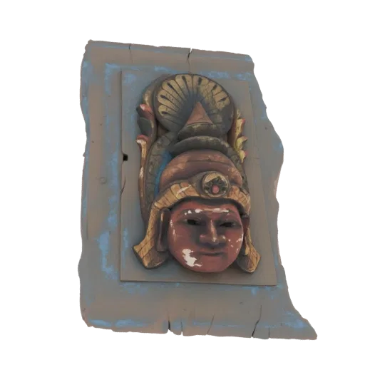 3D model of an ancient, weathered face relief with an ornate headdress, rendered with chipped paint and textured base.