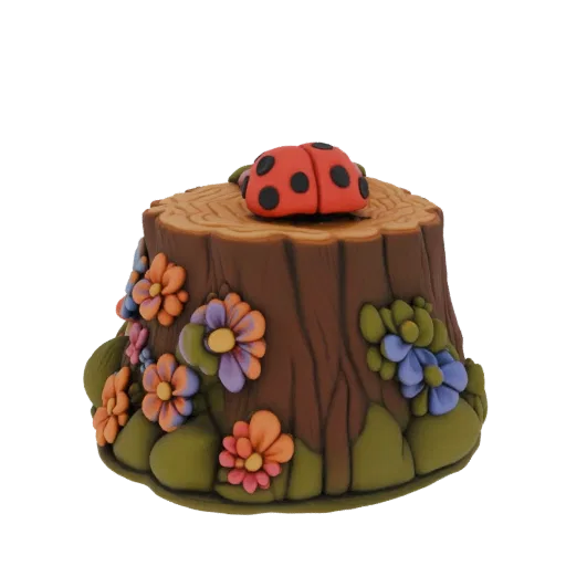 3D model render of a red ladybug with black spots on a brown tree stump decorated with colorful flowers and green leaves.