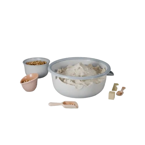 Pantry Flour Bowl Realistic 3D model, three-quarter studio render, showing powders, small ingredient shapes.