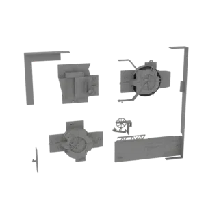 A collection of grey 3D model components for a modular space station hub, arranged for preview.