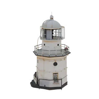Rendu 3D d'un phare octogonal classique avec une finition blanche patinée, une salle de lanterne en haut et une base détaillé
