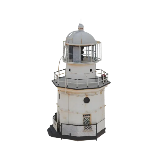 A 3D model render of a classic octagonal lighthouse with a white, weathered finish, featuring a lantern room at the top and a