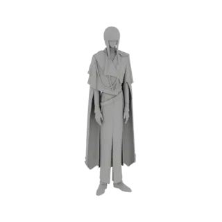 Modelo 3D de uma figura masculina elegante com cabelos longos, vestindo uma capa fluida e trajes detalhados, apresentado cont